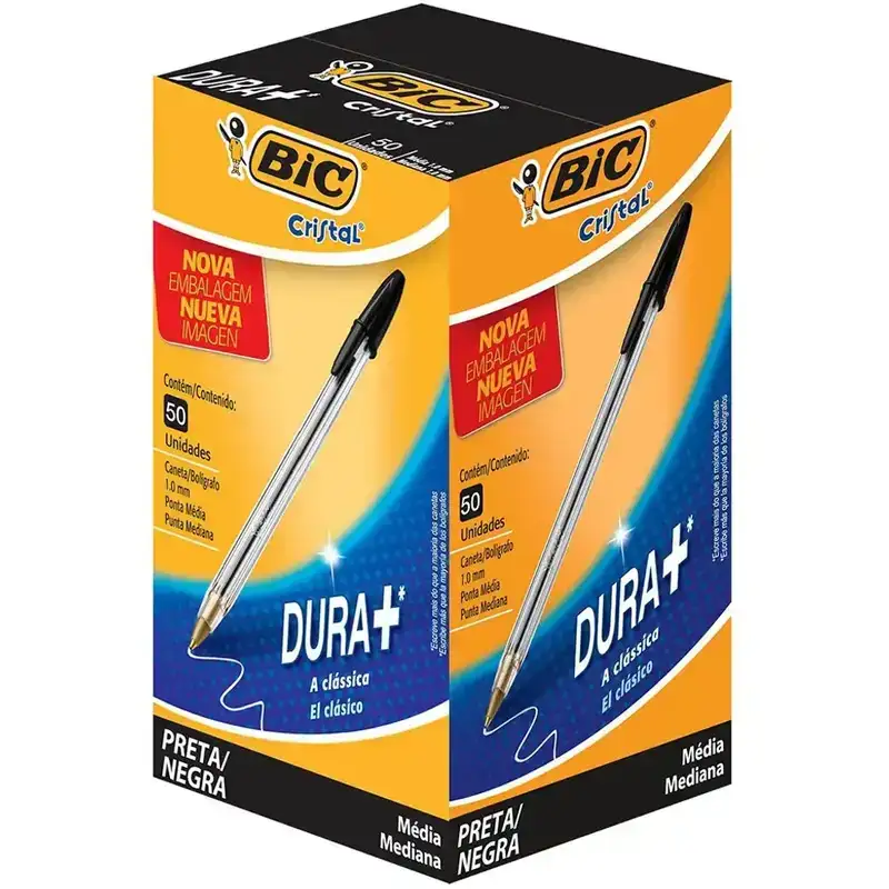 Caneta Esferográfica 1.0mm Cristal Dura+ Preta Bic - Caixa com 50 Unidades