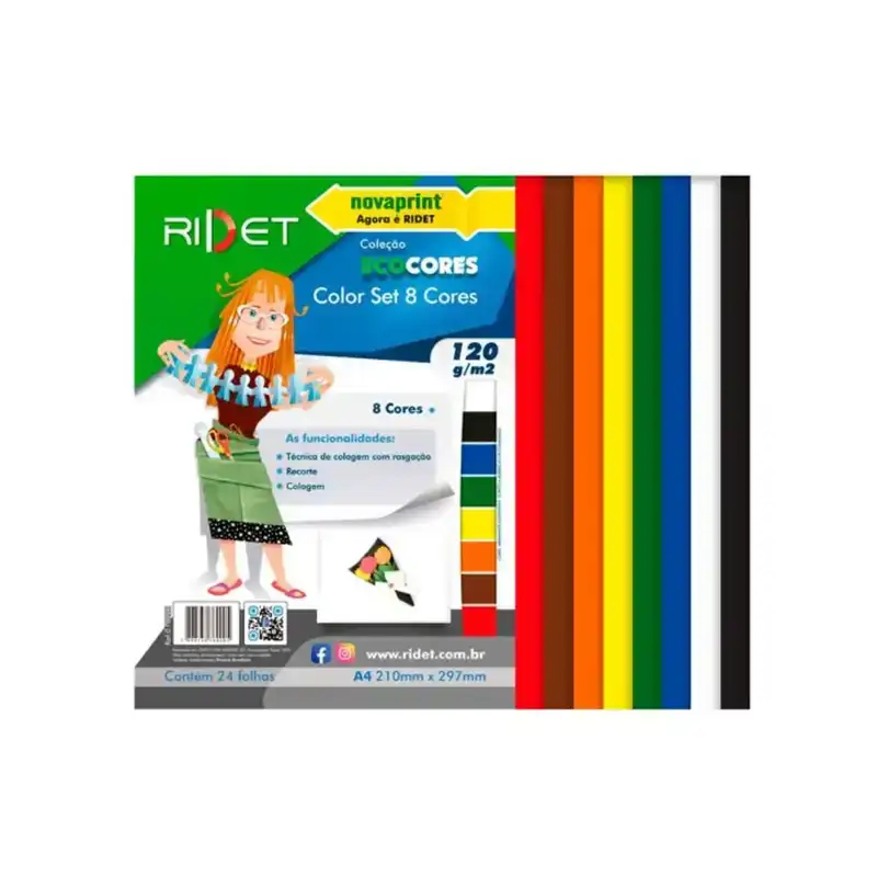 Papel Color Set 08 Cores A4 120g Ridet - Bloco com 24 Folhas