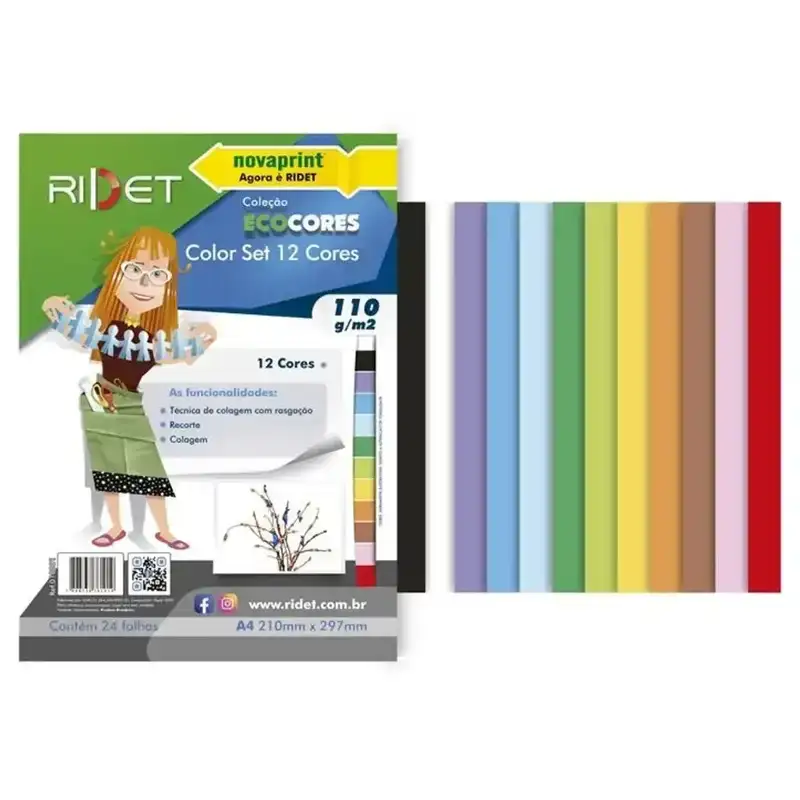 Papel Color Set 12 Cores A4 110g Ridet - Bloco com 24 Folhas