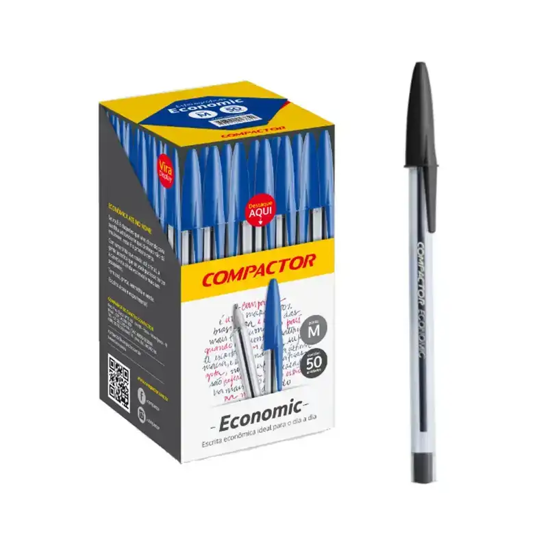 Caneta Esferográfica Economic 1.0mm Preto Compactor - Caixa com 50 Unidades