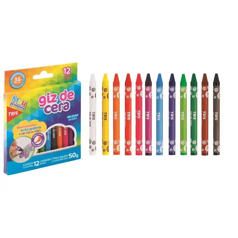 Giz de Cera Fino 12 Cores Tris - Estojo com 12 Cores
