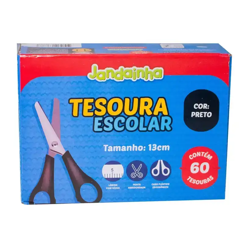 Tesoura Escolar 13cm Com Régua Preta Jandainha - Caixa com 60 Unidades