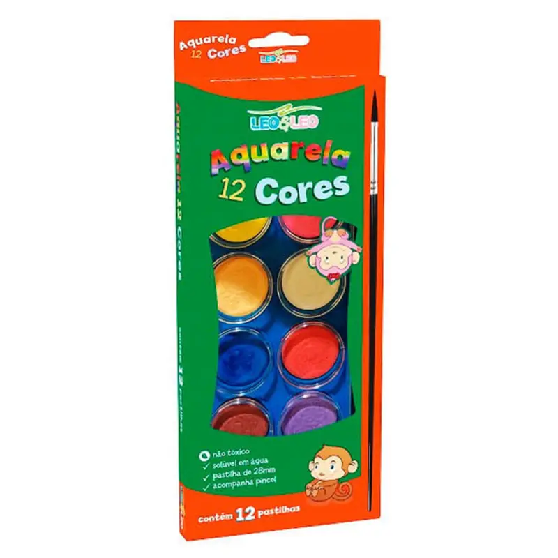 Aquarela 12 Cores 28mm + Pincel Leo&Leo