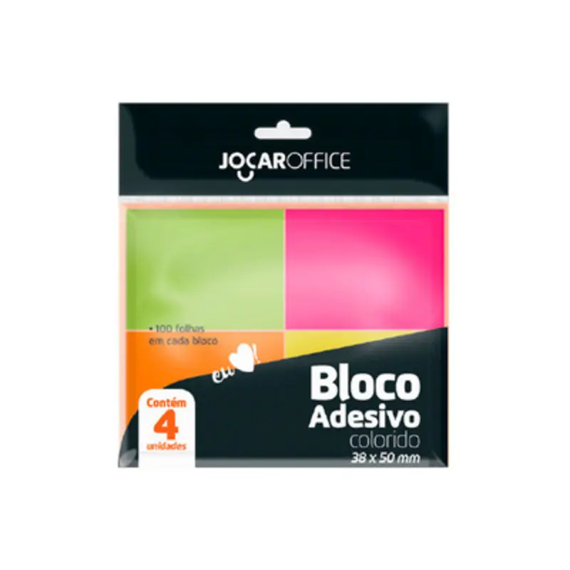 Bloco Adesivo 38x50 100 Folhas Neon Jocar Office - Pacote com 4 Blocos